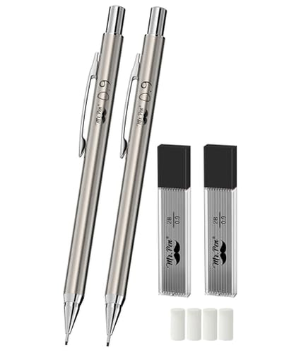 Mr. Pen- Metal Mechanical Pencil Set with Lead Refills & Erasers, 2 Pack | 0.9mm, 4x Tubes 2B Lead Refill, 4x Eraser Refills for School Supplies, Note Taking, Drawing, Sketching, Office - style: 0.9mm