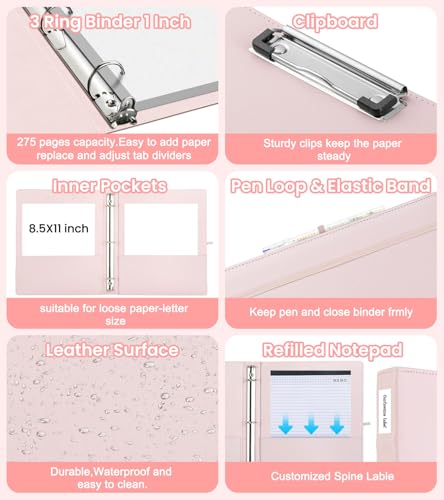 3 Ring Binder with Clipboard,1 Inch Binders with Notepad&5 Dividers with Pockets, Labels,PU Clipboards for School Office(Pink,Letter Size) - color: Pink, size: Letter Size - 1 Inch