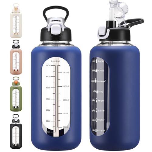 chunmo 64 oz Glass Water Bolttles with Straw Half Gallon Large Motivational Water Bottle with Time Marker Sports Water Bottles with Silicone Sleeve and Handle Lid Water Jug for Gym Workout - color: Blue, size: 64 Ounces