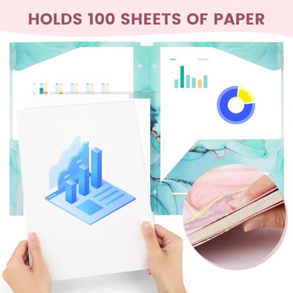 Ddaowanx 12 pcs Folders with Pockets, 3 Hole Punched Heavy Duty Binders Folders for 3 Ring Binder,Cute Marble Colors Pocket Folders for School Office (12)