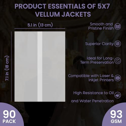 SuFly Pre-Folded Vellum Jackets for 5x7 Invitations, 90-Pack (60lb/93gsm) Translucent Vellum Paper 5x7 Sleeves, Invitation Jackets, Elegant Wedding Invitation Accessories, Envelope Liners, DIY Crafts. - size: 5" x 7", 90 Pack