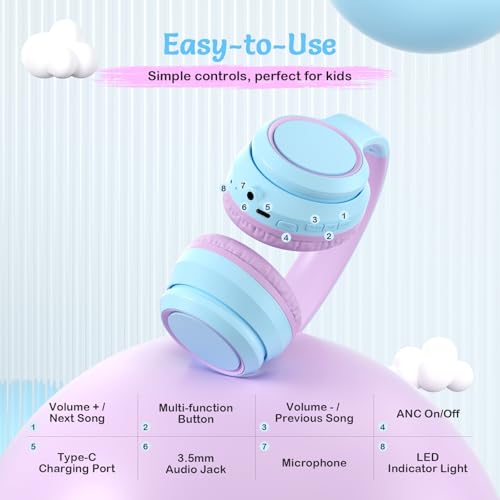 TONOSHARK Kids Bluetooth Headphones with Active Noise Cancelling, Wireless Over-Ear Headphones for Boys Girls, Foldable, Adjustable, 40H Playtime, Mic for School Travel (Purple Blue) - color: Purple blue