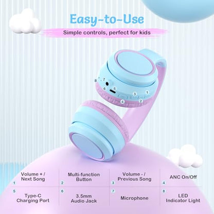 TONOSHARK Kids Bluetooth Headphones with Active Noise Cancelling, Wireless Over-Ear Headphones for Boys Girls, Foldable, Adjustable, 40H Playtime, Mic for School Travel (Purple Blue) - color: Purple blue