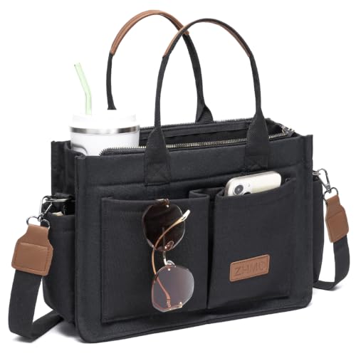 ZHMO Canvas Tote Bag for Women,Women's Bags Crossbody Bags Work Laptop Tote Bag Large Handbags Purse for Travel Nurse Teacher - color: New Upgrade Black With Compartments and Inner Cup Holders