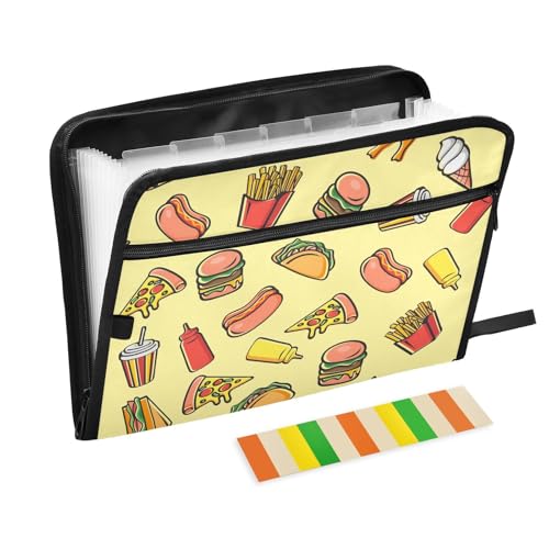 Fastfood Cartoon File Folders,Plastic Folders with 13 Pockets,Expandable File Folder for Documents School Students Office,Aesthetic Folder with Labels A4 Letter Size - color: Multicolor 18