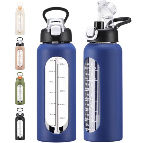 chunmo 32 oz Glass Water Bolttles with Straw Large Motivational Water Bottle with Time Marker Sports Water Bottles with Silicone Sleeve and Handle Lid Water Jug for Gym Workout - color: Blue, size: 32 Ounces