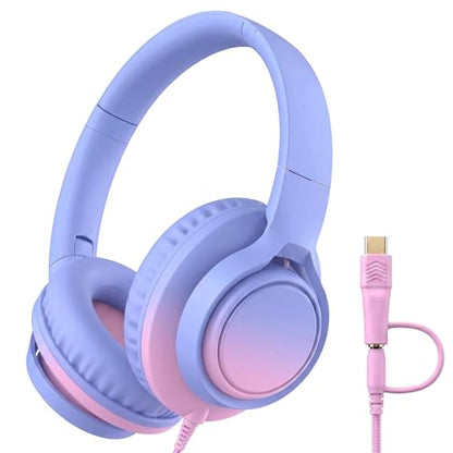 Kids Headphones Wired with Microphone, 85/94dB Volume Limit, 3.5mm Jack & USB-C Adapter, Foldable Over Ear Headset for School, Tablet, iPad, Laptop, Travel (Pink) - color: Gradient Lavender & Pink