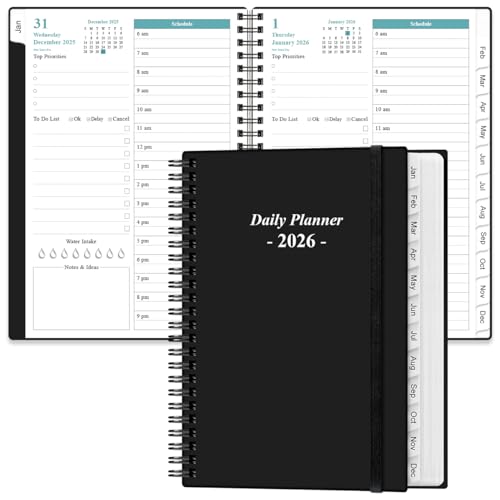 Daily Planner 2026 Full Page Per Day- 2026 Daily & Monthly Planner from January 2026 to December 2026, Day Planner 2026 with 12 Months Tabs, 6.4" x 8,5", Black - color: Black, size: 6.4" x 8.5"