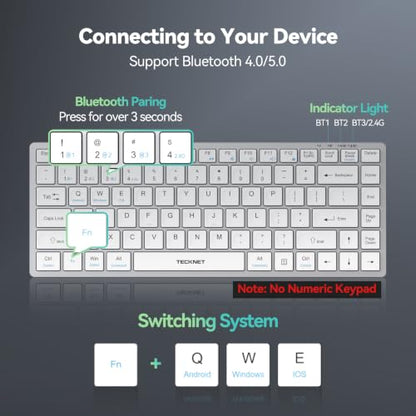 TECKNET Bluetooth Keyboard Rechargeable, 4-Device (2.4G+3BT) Small Keyboard | Wireless Keyboard, Ultra-Slim Quiet Typing, 14 Hotkeys Computer Keyboard for PC/Laptop/Tablet/iPad, Silvery-white - color: Silvery-white