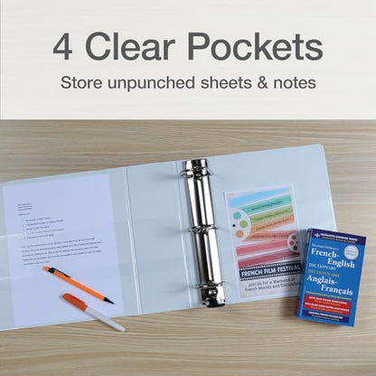 Oxford 3 Ring Binders, Durable Binders for School and Office, 4 Inch, ONE-Touch Easy Open D Rings, View Binder Covers, 4 Interior Pockets, PVC-Free, Holds 880 Sheets, White, 2 Pack (79921) - color: White