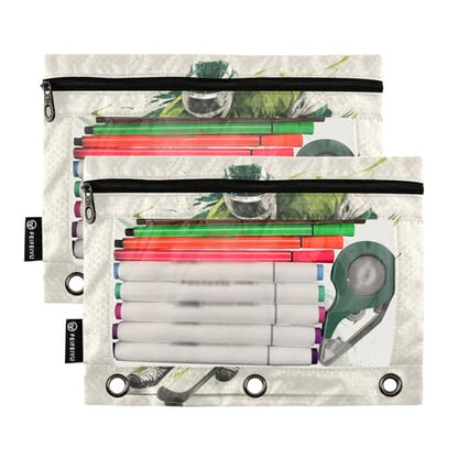 Pencil Pouch for 3 Ring Binder Green Sport Ice Hockey Player Binder Pencil Case with Clear Window Zipper Cosmetic Bags 2 Pack for School Office College Supplies - color: Ice Hockey Player