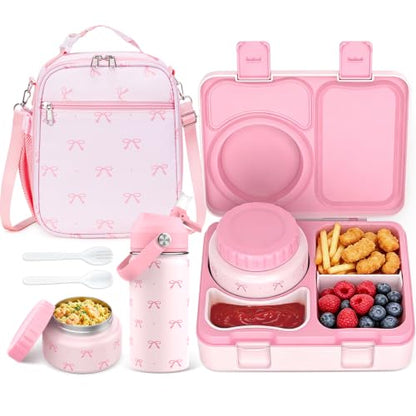 Bento Lunch Box for Kids Adult, Leakproof 3-4 Compartment Bento Box Set with Insulated Food Jar,Water Bottle, Lunch Bag, School Lunch Container for Toddler Teen Girls Boys Ages 3+(Pink Bow) - color: Pink Bow