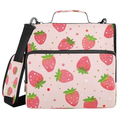 Cartoon Strawberry 3 Ring Binder,Capacity & Multi-Pockets Zipper Binder Bag Organizer with Shoulder Strap & Handle School Office Supplies
