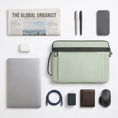 Acer Laptop Sleeve Case for 15.6-16 inch Laptops, Slim Protective Computer Sleeve with Hidden Zipper Pocket, Soft Plush Bubble Padding, Side Handle and Luggage Strap, Travel Laptop Bag, Green | Slim, Soft Bubble Padding, Extra Front Storage, Wrist Strap,