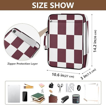 Zippered Portfolio Binder with 3-Ring & 7-Pocket Expanding File, Maroon White Check Pattern High Capacity Lesson Plan Organizer, Water-Repellent Document Case