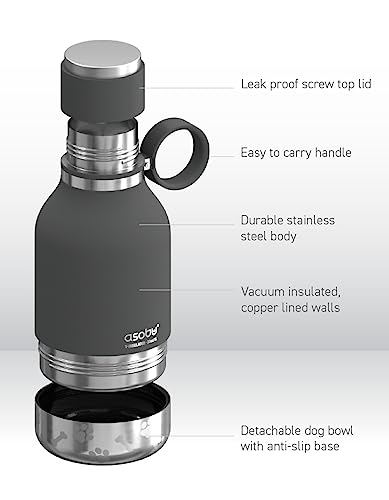 Asobu Dog Bowl Attached to Stainless Steel Insulated Travel Bottle for Human 37oz/1.1 Liter with Detachable Dog Bowl (Smoke) - color: Smoke