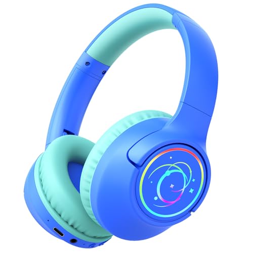 Kids Bluetooth Headphones, 85H Playtime Wireless Headphones for Kids, Colorful LED Lights, 85/94dB Safe Volume Limit, Bluetooth 5.4 Built-in Mic Toddler Headset for Tablet/Airplane/Travel (Blue) - color: Blue