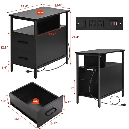 Livofloral Black Side Tables, End Table with Charging Station, Narrow End Table with 2 Wooden Drawers, USB Ports and Power Outlets, Slim Nightstand and Bedside Table, End Tables Living Room, Bedroom - color: Black