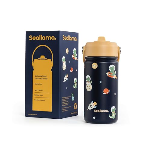 Seallama. Kids Water Bottle -14 oz Stainless Steel Tumbler with Straw Lid, Vacuum Insulated Double Wall Travel Cup, Leak-Proof Reusable Drink Bottle for School & Everyday Hydration - color: Cosmo Croc