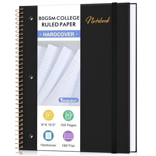 Spiral Notebook College Ruled Paper 8" x 10-1/2", 1 Subject Spiral Notebook 80GSM Paper, 3-Hole Punched Perforated Pages Ideal for School, Office, Writing, 75 Sheets Lined Journaling Notebook, Black - color: Black