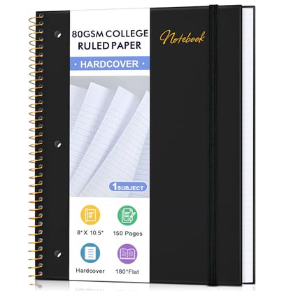 Spiral Notebook College Ruled Paper 8" x 10-1/2", 1 Subject Spiral Notebook 80GSM Paper, 3-Hole Punched Perforated Pages Ideal for School, Office, Writing, 75 Sheets Lined Journaling Notebook, Black - color: Black