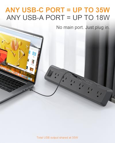Desk Clamp Power Strip Surge Protector, 6 Outlets, Flat Plug, 1800J, 4 USB-C Ports (Any Port 35W), for Home & Office, Flame-Retardant PC-ABS Housing, Fits 1.96" Desk Edge, Black