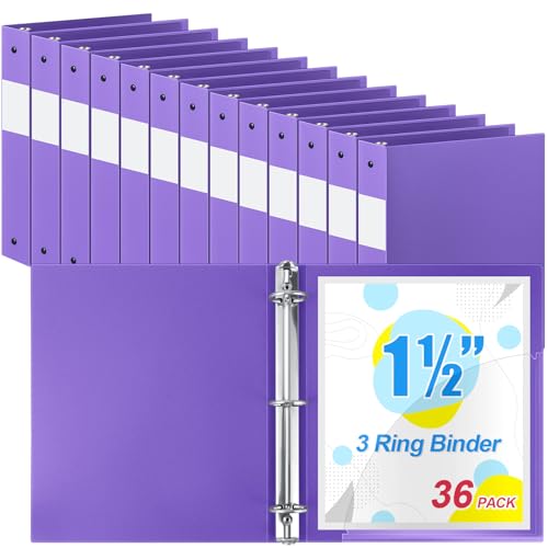 Henoyso 36 Pcs Purple 1.5 Inch 3 Ring Plastic Binder Bulk, 1 1/2 Inch Soft Flexible Binders Three Round Rings Fit 8.5x11 Papers for School Office Home File Organization Supplies - color: Purple