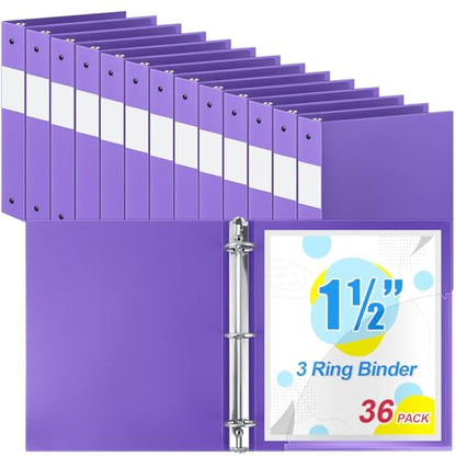 Henoyso 36 Pcs Purple 1.5 Inch 3 Ring Plastic Binder Bulk, 1 1/2 Inch Soft Flexible Binders Three Round Rings Fit 8.5x11 Papers for School Office Home File Organization Supplies - color: Purple