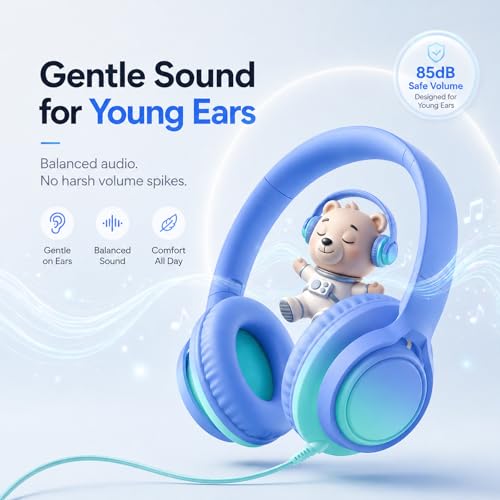 Kids Wired Over-Ear Headphones with Microphone, 3.5mm Jack with USB-C Adapter, Comfortable Headset for Online Learning, School, Tablet, Phone – Gradient Blue & Teal - color: Sky Blue