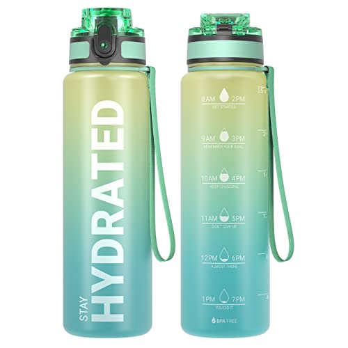 Sahara Sailor Water Bottle, 32/25/17oz Durable and Leakproof Water Bottles Motivational with Time Marker, Tritan, BPA Free, Wide Mouth with Easy Clean Brush for Gym, Travel, School, Office (1 Bottle) - color: Green Mint, size: 25.4 Ounces