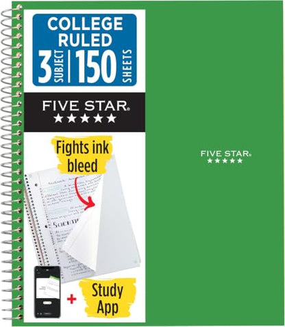 Five Star Spiral Notebook + Study App, 3 Subject, College Ruled Paper, Fights Ink Bleed, Water Resistant Cover, 8-1/2" x 11", 150 Sheets, Green (72067) (Pack of 6) - color: Green, size: 1 Count (Pack of 6)