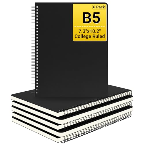 EUSOAR College Ruled Spiral Notebook, B5 6Packs 7.3"x10.2" 120 Pages Black Hardcover Ruled Travel Writing Notebooks Journal, Memo Notepad Sketchbook, Students Office Business Subject Diary Book - color: Black, size: 6Packs