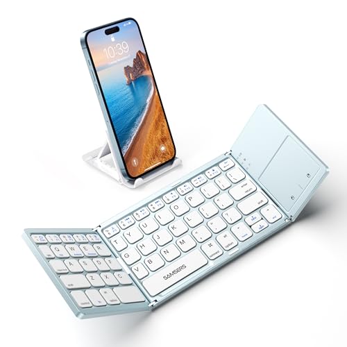 Samsers Foldable Bluetooth Keyboard with Touchpad - Portable Wireless Keyboard with Holder, Rechargeable Full Size Ultra Slim Pocket Folding Keyboards for Android Windows iOS Tablet & Laptop - Blue - color: Sky Blue, size: 1-Device