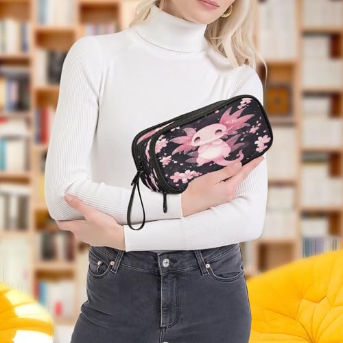 ALAZA Cute Axolotl Cherry Blossom Large Pencil Case, Pen Pouch Pencil Bag with 3 Compartments Pen Holder Organizer Stationery Bag - color: Axolotl
