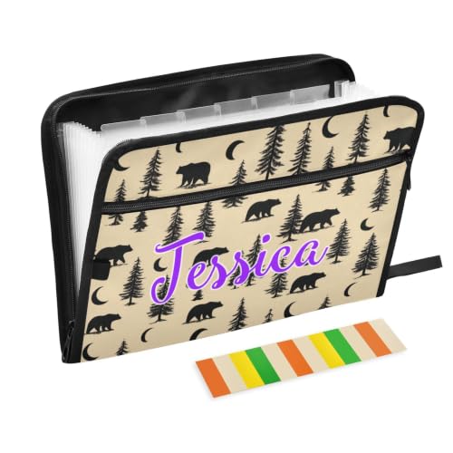 Kcldeci Custom Expanding File Folder with 13 Pockets,Black Mountain Bear Pine Tree Personalized Accordion Document Organizer with Labels, A4 Letter Size Portable Paper Storage for Office School Home T - color: Black Mountain Bear Pine Tree