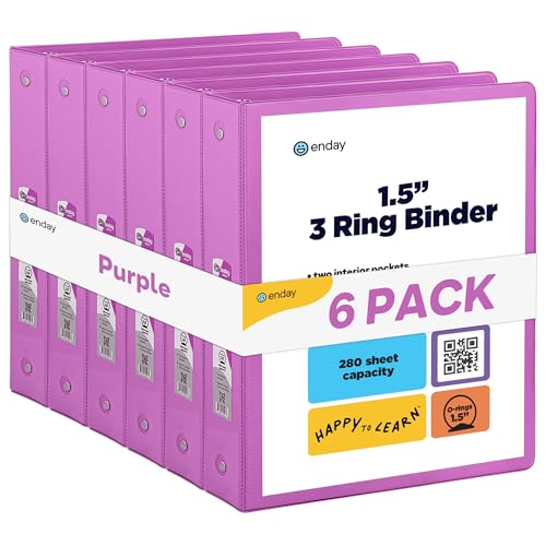 Enday 1.5 Inch Binder (6 Pack - Purple) 3 Ring Binder 1.5 inch with Clear View Cover and 2 Inside Pocket - for Letter Size 8.5 x 11'' Paper, Ideal for School Supplies, Office, and Home - color: Purple, size: 1.5-Inch