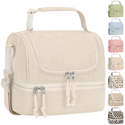 Vankor Corduroy Lunch Box Kids Insulated Lunch Bag Double Decker, Cute Leak-Proof Lunch Box for Boys Girls, Portable Cooler Lunch Bag Thermal Lunch Tote for School Picnic Travel, Beige - color: Beige