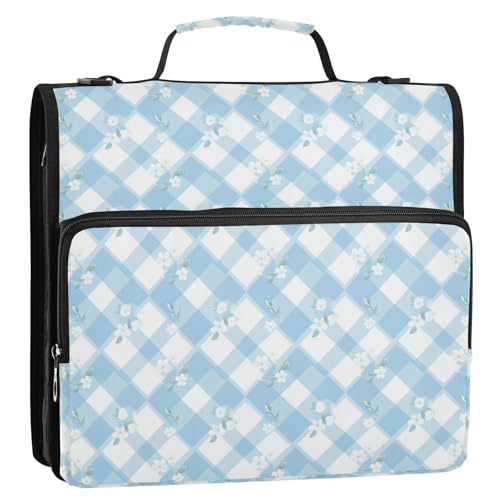 Gingham Zipper Binder 3 Ring Binder with Zipper 1.5 Inch Shoulder Strap & Handle Binders Organizer Bag Powder Blue - color: Powder Blue_3