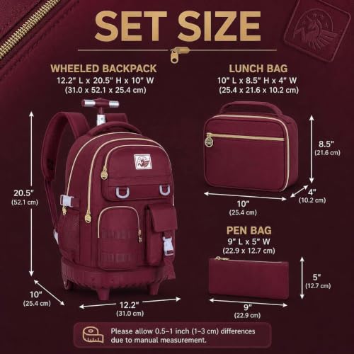 CCJPX Rolling Backpack for Girls, 21 inch Women Roller Wheels School Bookbag, Laptop Wheeled Water Resistant Wheeled Bookbag Set - Red - color: Red