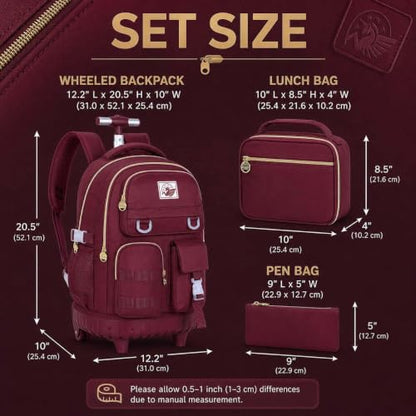 CCJPX Rolling Backpack for Girls, 21 inch Women Roller Wheels School Bookbag, Laptop Wheeled Water Resistant Wheeled Bookbag Set - Red - color: Red