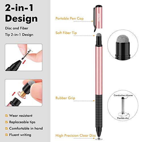 Digiroot Universal Stylus,[2-in-1] Disc Stylus Pens for All Touch Screens Cell Phones, iPad, Tablets, Laptops with 6 Replacement Tips(4 Discs, 2 Fiber Tips Included) - (Rose Gold) - color: Rose Gold