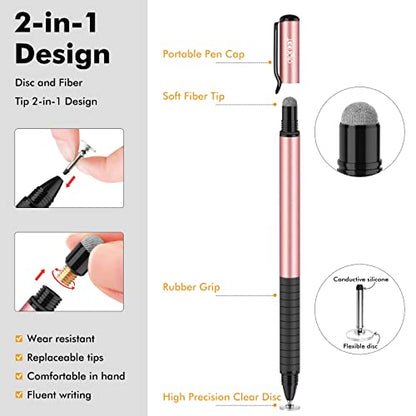 Digiroot Universal Stylus,[2-in-1] Disc Stylus Pens for All Touch Screens Cell Phones, iPad, Tablets, Laptops with 6 Replacement Tips(4 Discs, 2 Fiber Tips Included) - (Rose Gold) - color: Rose Gold