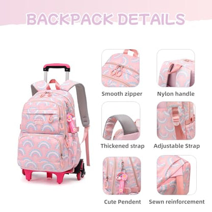 3Pcs Girls Rolling Backpack Kids Bookbag with Wheels Set Elementary Students Outdoors Trolley Schoolbag - color: Blue 6 Wheels-b