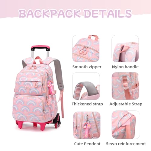 3Pcs Girls Rolling Backpack Kids Bookbag with Wheels Set Elementary Students Outdoors Trolley Schoolbag - color: Purple 6 Wheels-b
