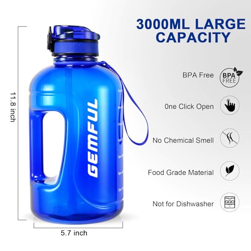 GEMFUL 3L and 2.2L Water Bottle with Handle Large Capacity Leakproof BPA-Free Time Marker Motivational Jug for Outdoor Camping Fitness Men & Women