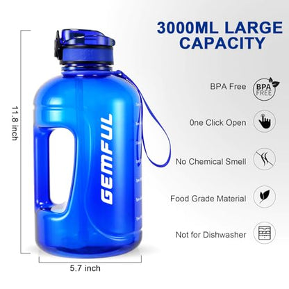GEMFUL 3L and 2.2L Water Bottle with Handle Large Capacity Leakproof BPA-Free Time Marker Motivational Jug for Outdoor Camping Fitness Men & Women