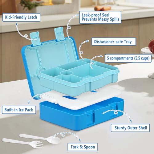 Chill Lunch Box Kids, Leak Proof Adult Bento Box with Ice Pack, 6 Compartment Lunch Container with Utensils for Girl Boy Back to School, 5.5-Cup Capacity, Dishwasher Safe, BPA Free - color: Blue-Game