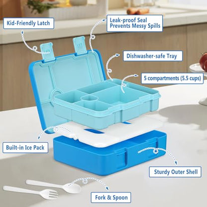 Chill Lunch Box Kids, Leak Proof Adult Bento Box with Ice Pack, 6 Compartment Lunch Container with Utensils for Girl Boy Back to School, 5.5-Cup Capacity, Dishwasher Safe, BPA Free - color: Blue-Game