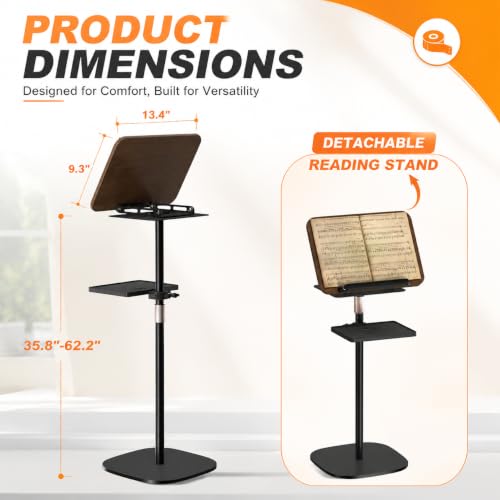 2-in-1 Adjustable Floor Book Stand & Laptop Holder | Detachable Desktop & Floor Use, 35"-62" Height Adjustable, Anti-Topple Heavy Base, 360° Swivel Panel, Hands-Free Reading