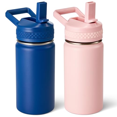 Fijinhom 12 oz Toddler Bottle, 2 Pack Kids Water Bottle for School Boys & Girls with Straws Lids, 304 Stainless Steel Vacuum Insulated Thermos, BPA-Free, Blue + Pink - color: AA.Blue & Pink